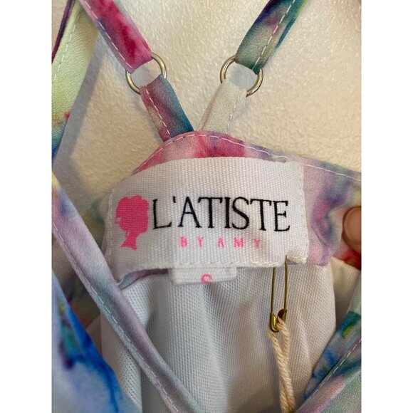 LAtiste By Amy Watercolor Maxi Dress With Strappy Back Design & Side Slit Size S - Picture 8 of 9